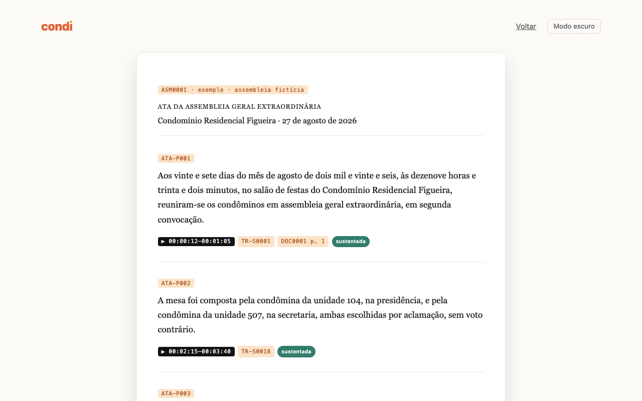 Ata de exemplo do Condi, com cada trecho marcado pelo minuto do áudio