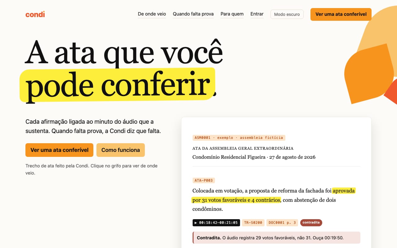Captura do site do Condi, com a frase "A ata que você pode conferir"