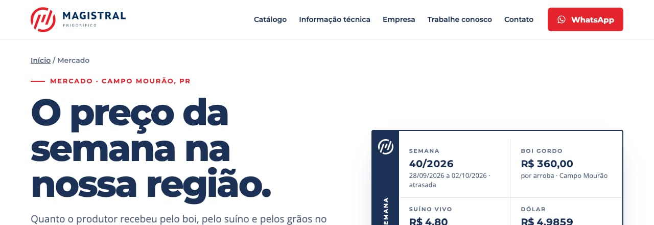 Página Mercado do site do Magistral, com o boletim da semana — boi gordo, suíno vivo e dólar