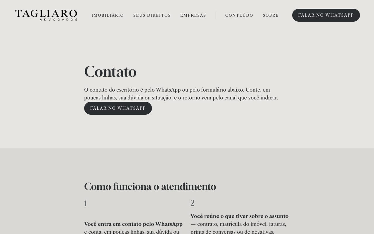 Página de contato do site da Tagliaro Advocacia, com o WhatsApp e o passo a passo do atendimento