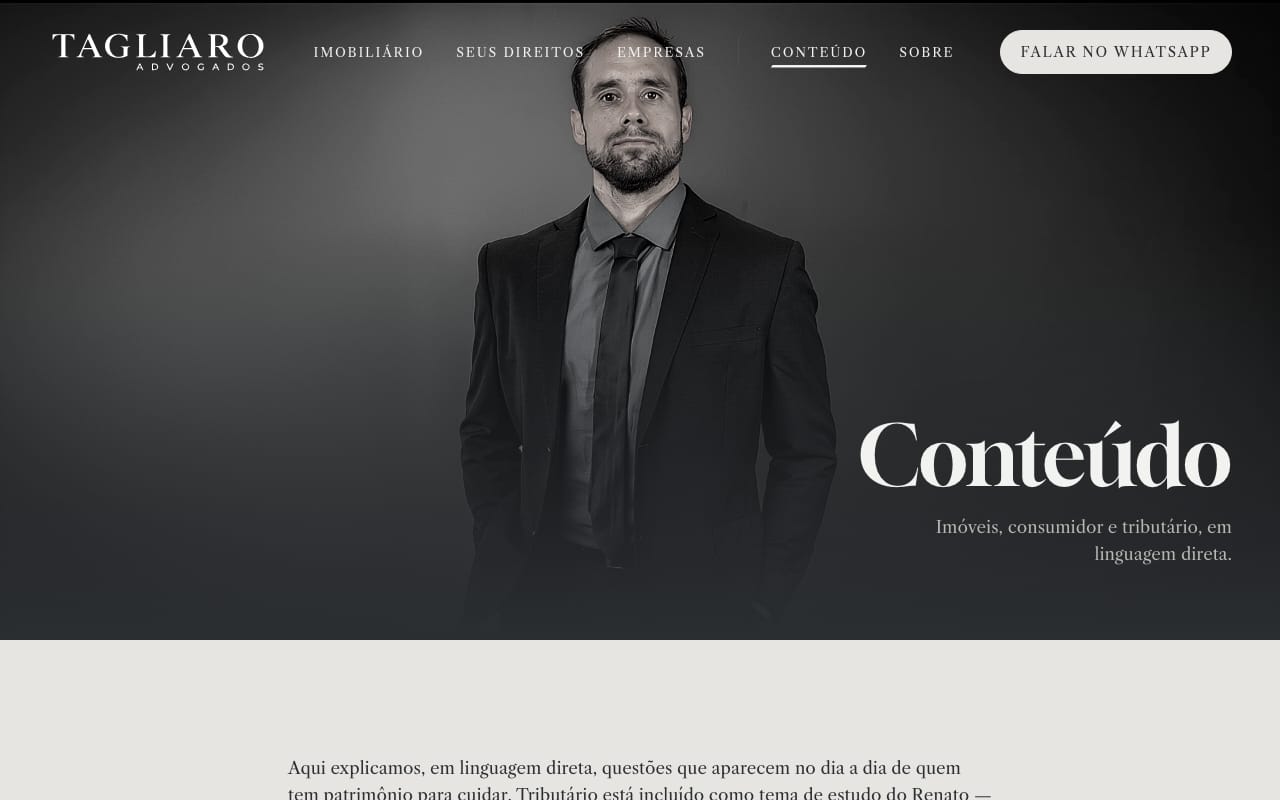 Página de conteúdo do site da Tagliaro Advocacia, com artigos em linguagem direta