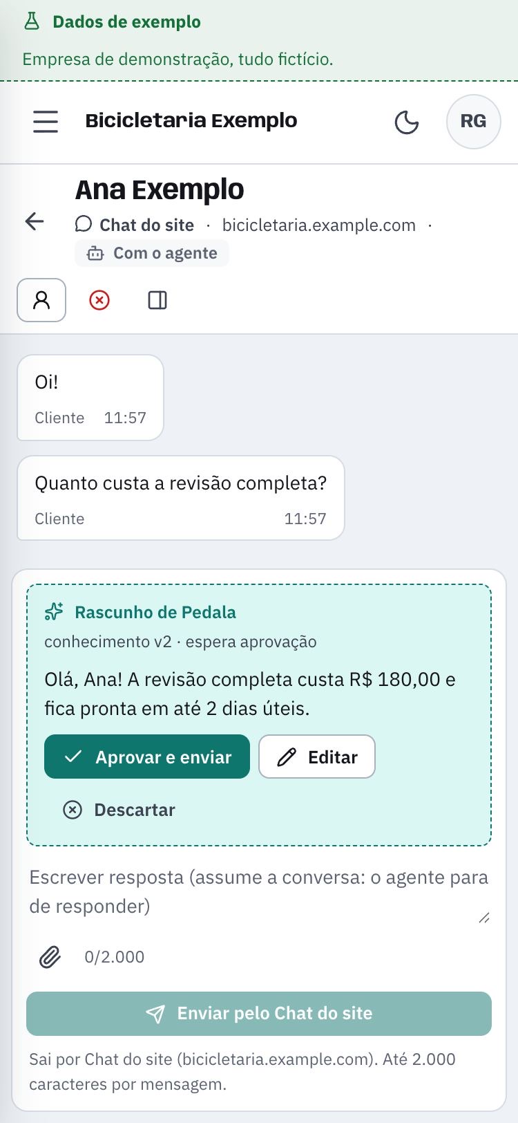 Conversa no celular: a pergunta do cliente e a resposta da IA com os botões aprovar e enviar, editar e descartar.