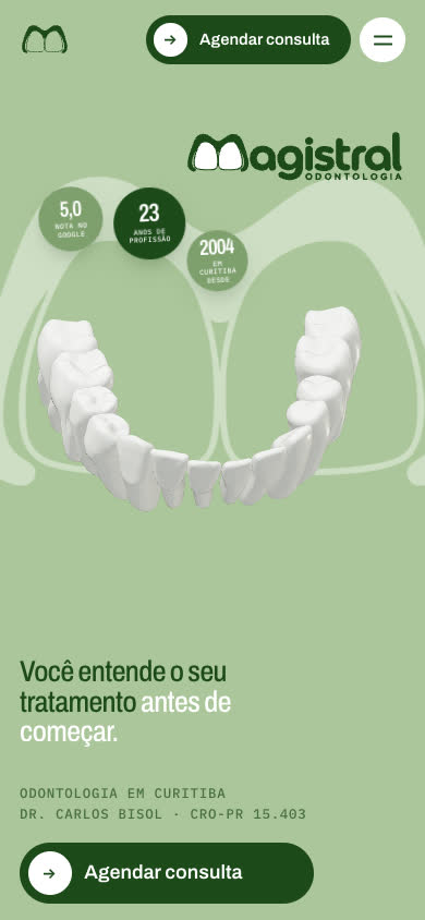 Entrada do site da Magistral no celular, com a arcada em 3D e os selos 5,0, 23 anos e 2004