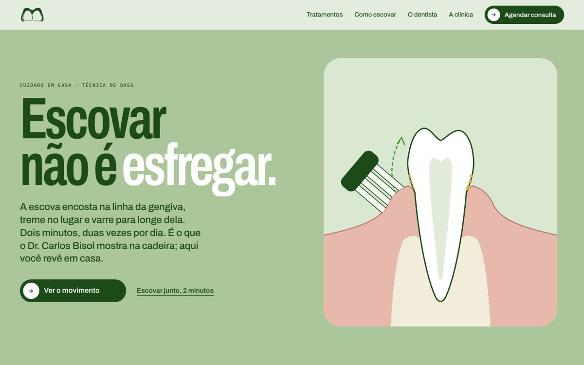 Página Como escovar: “Escovar não é esfregar”, com o desenho da escova na linha da gengiva