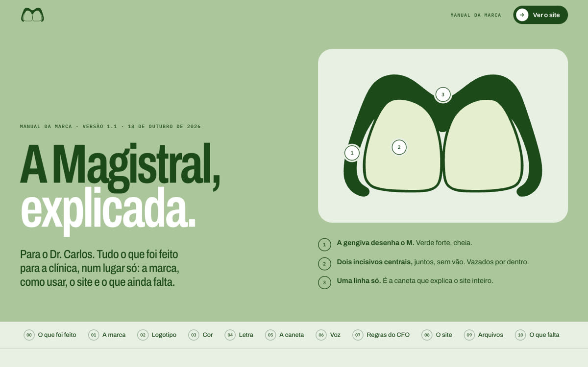 Manual da marca da Magistral Odontologia aberto na página do logo