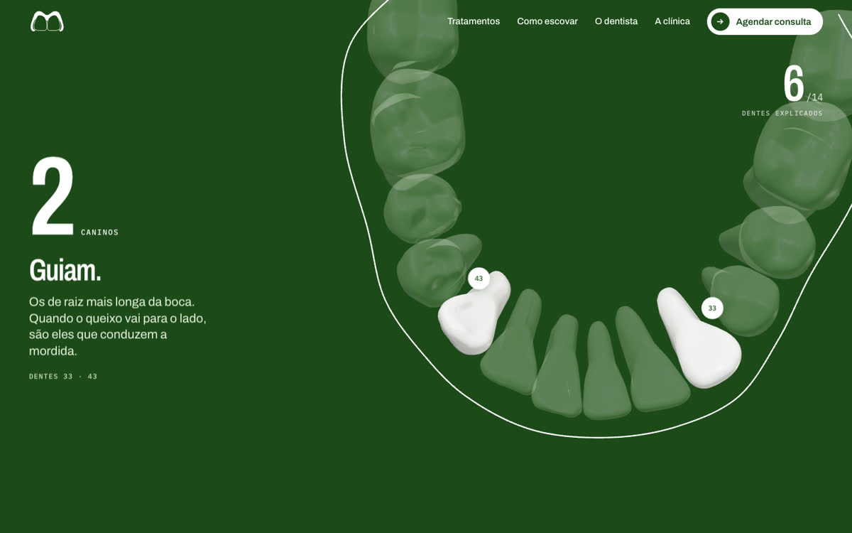 Site da Magistral: a arcada em 3D sobre o verde, com os caninos acesos e o texto “Guiam.”
