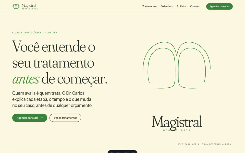 Primeira entrada do site: fundo creme, serifa fina e uma palavra em itálico verde