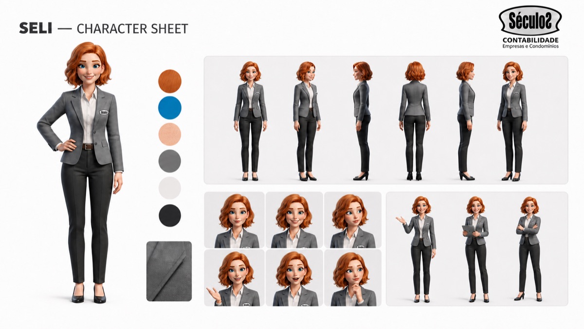 Master sheet da Selly, personagem de marca da Séculos Contabilidade