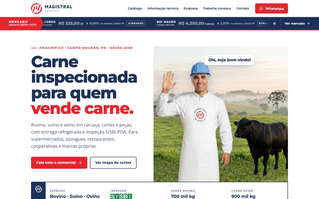 Captura do site novo do Frigorífico Magistral, com o Paulo de jaleco e um boi Angus na abertura