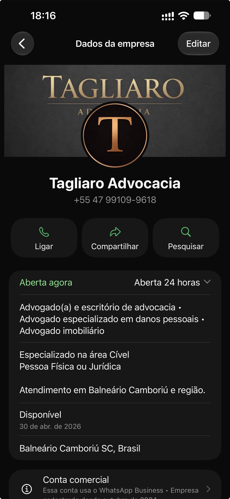 Perfil comercial da Tagliaro Advocacia no WhatsApp Business